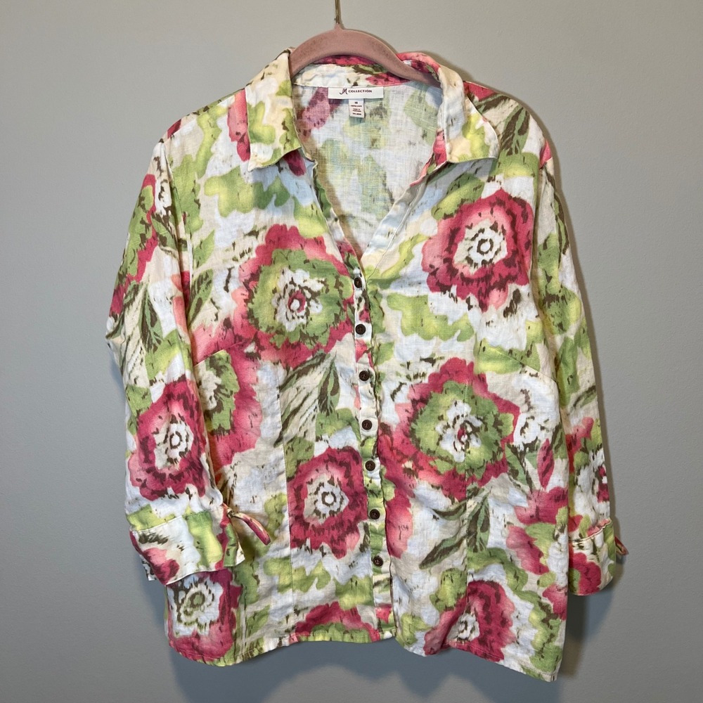 JM Collection Women's 14 Linen Floral Button Down Shirt Pink Green 3/4 Sleeve